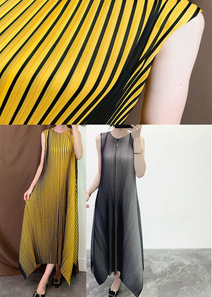 Classy Yellow O-neck Asymmetrical Striped Holiday Dress Sleeveless