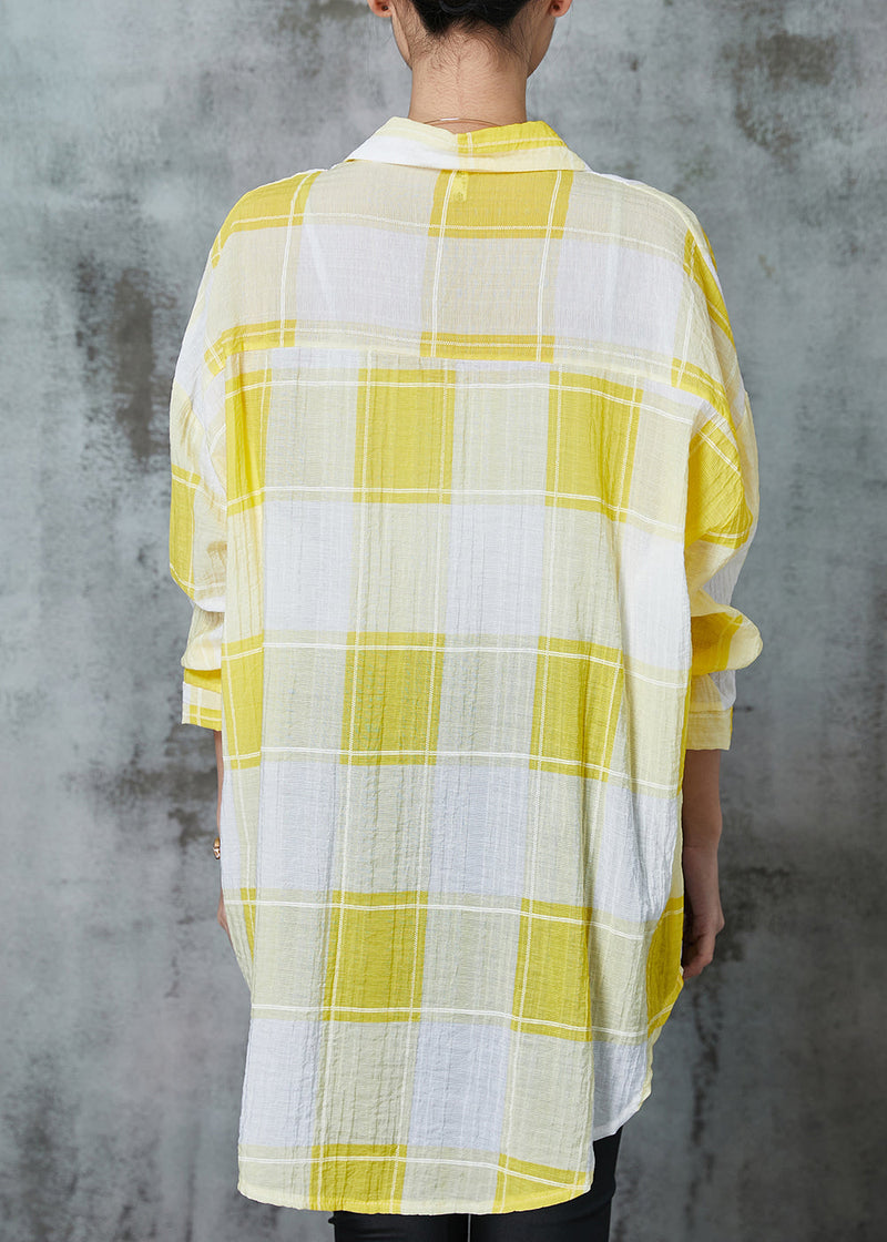 Classy Yellow Oversized Plaid Cotton Upf 50+ Tops Spring