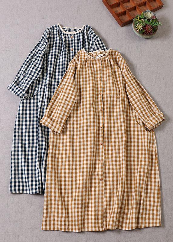 Classy Yellow Plaid Ruffled Wrinkled Pockets Fall Patchwork Vacation Dresses Long Sleeve