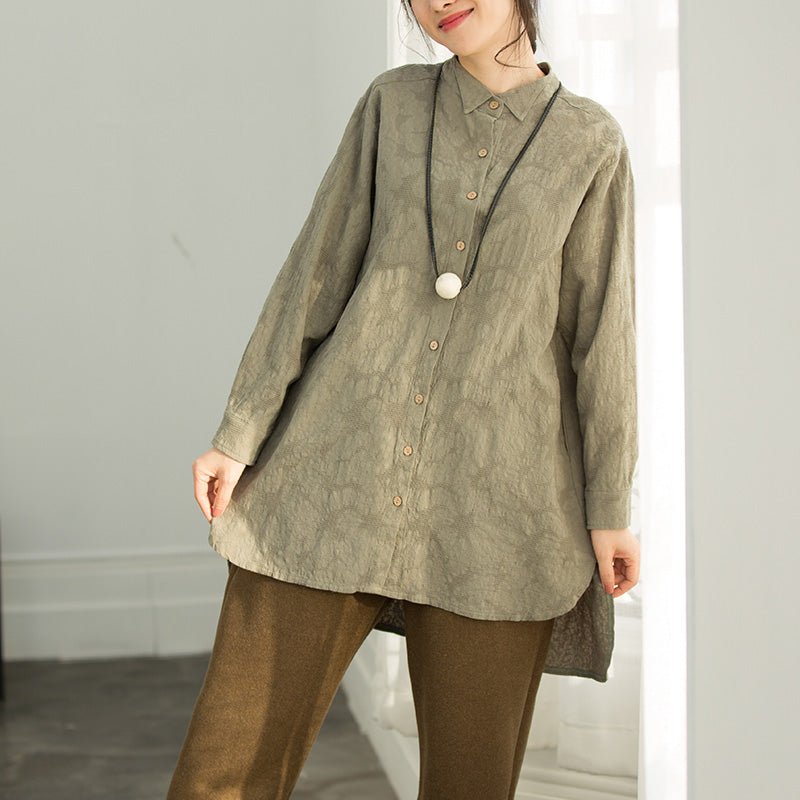 Classy Army Green Cotton Clothes Work Outfits Jacquard Silhouette Blouse