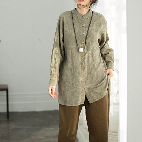 Classy Army Green Cotton Clothes Work Outfits Jacquard Silhouette Blouse