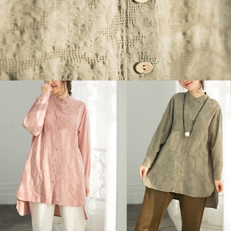 Classy Army Green Cotton Clothes Work Outfits Jacquard Silhouette Blouse