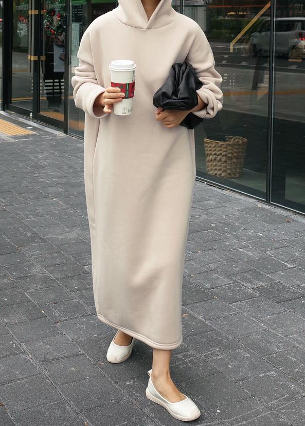 Classy Beige Cotton Clothes for Hooded Batwing Sleeve Maxi Dresses