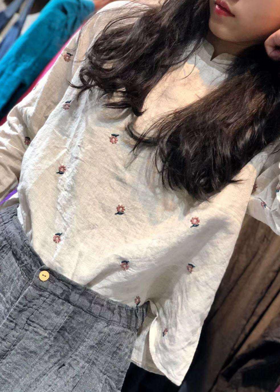 Classy beige embroidery linen tops women blouses stand collar Knee autumn top