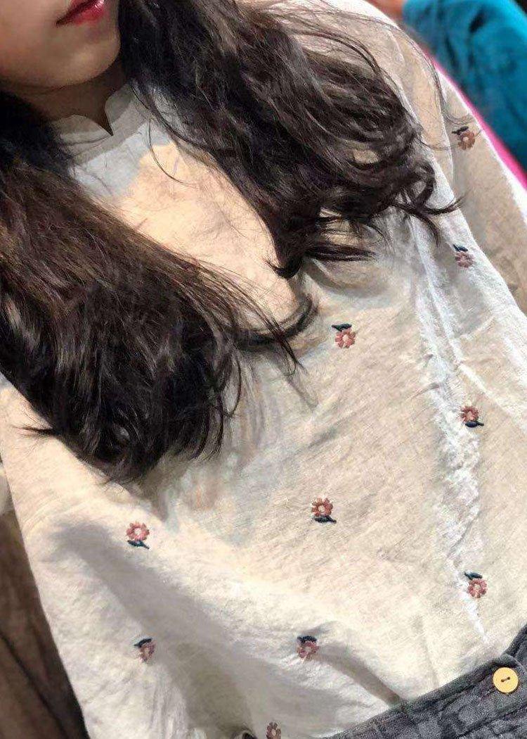 Classy beige embroidery linen tops women blouses stand collar Knee autumn top