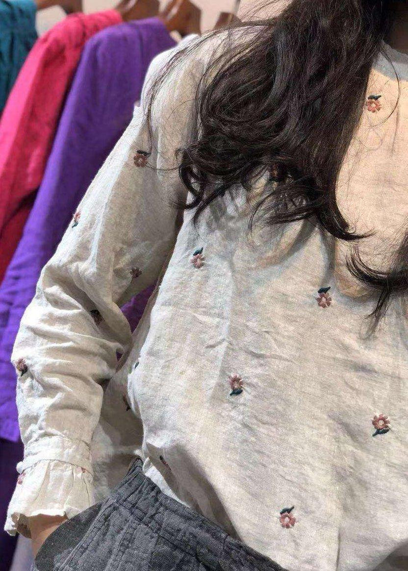 Classy Beige Embroidery Linen Tops Blouses Stand Collar Knee Autumn Top