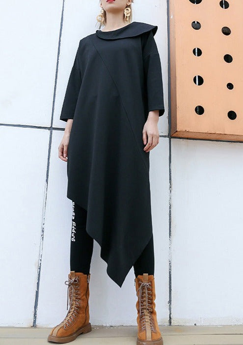 Classy Black Cotton Blend Clothes for Korea Runway O Neck Asymmetric Art Dress