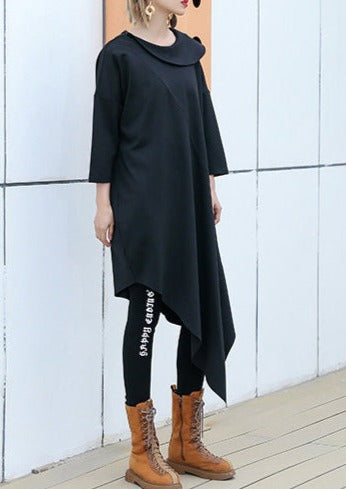 Classy Black Cotton Blend Clothes for Korea Runway O Neck Asymmetric Art Dress