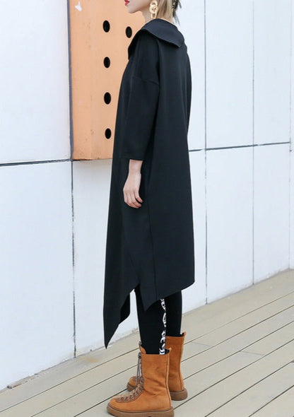 Classy Black Cotton Blend Clothes for Korea Runway O Neck Asymmetric Art Dress