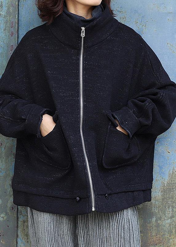 Classy Black Fine Maxi Coat Pattern Zippered High Neck Coat
