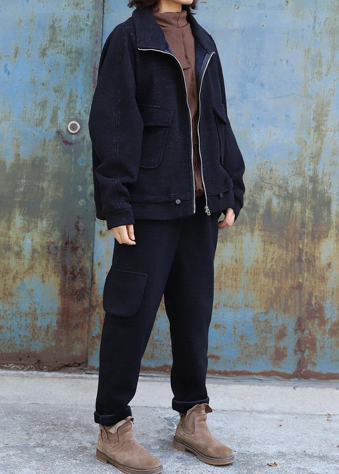 Classy Black Fine Maxi Coat Pattern Zippered High Neck Coat