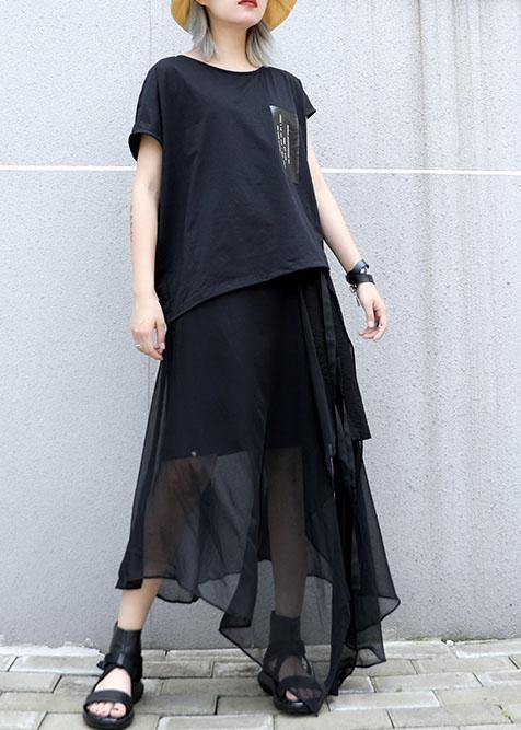 Classy Black Cotton Clothes Asymmetric Short Sleeve Tunic Summer Blouses
