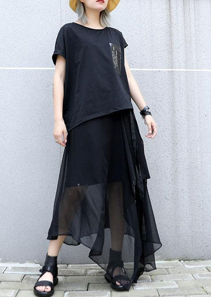 Classy Black Cotton Clothes Asymmetric Short Sleeve Tunic Summer Blouses