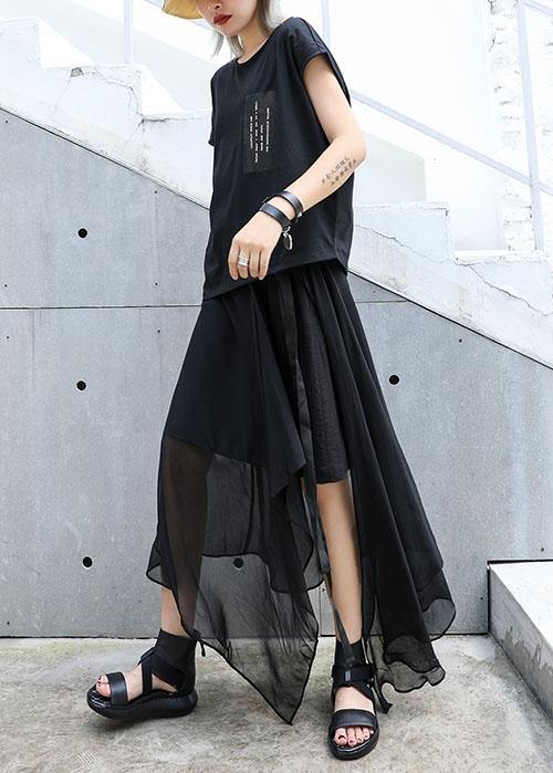 Classy Black Cotton Clothes Asymmetric Short Sleeve Tunic Summer Blouses