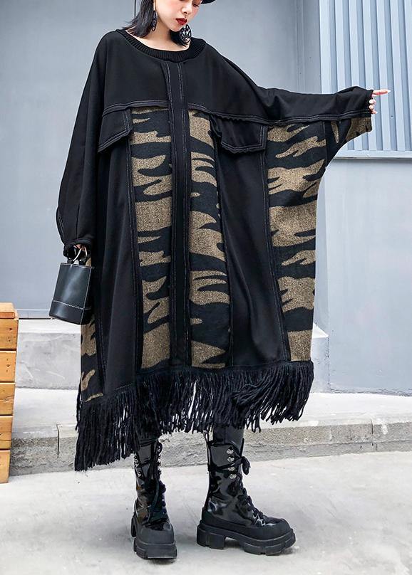 Classy Black Cotton Dress Patchwork Tassel Dress