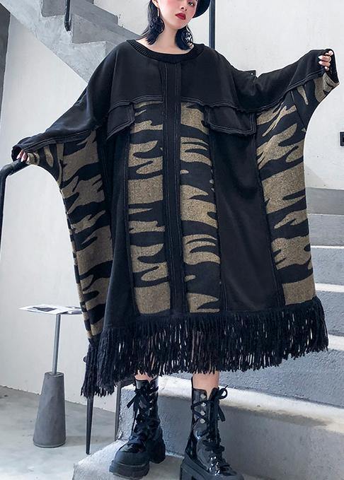 Classy Black Cotton Dress Patchwork Tassel Dress