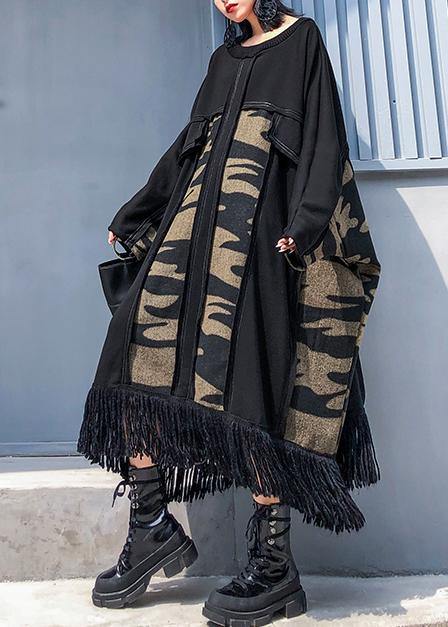 Classy Black Cotton Dress Patchwork Tassel Dress