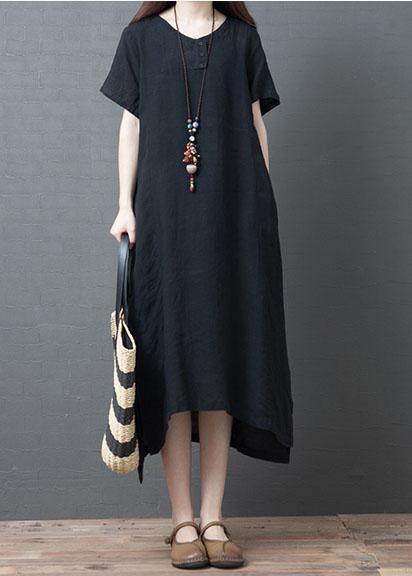 Classy Black Cotton Quilting Dresses O Neck Side Open Summer Dress
