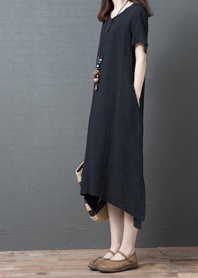 Classy Black Cotton Quilting Dresses O Neck Side Open Summer Dress