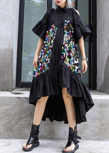 Classy Black Cotton Tunic Top Lapel Patchwork Kaftan Summer Dresses