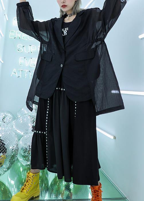 Classy Black Cotton Tunic Top Tulle Patchwork Daily Fall Blouse