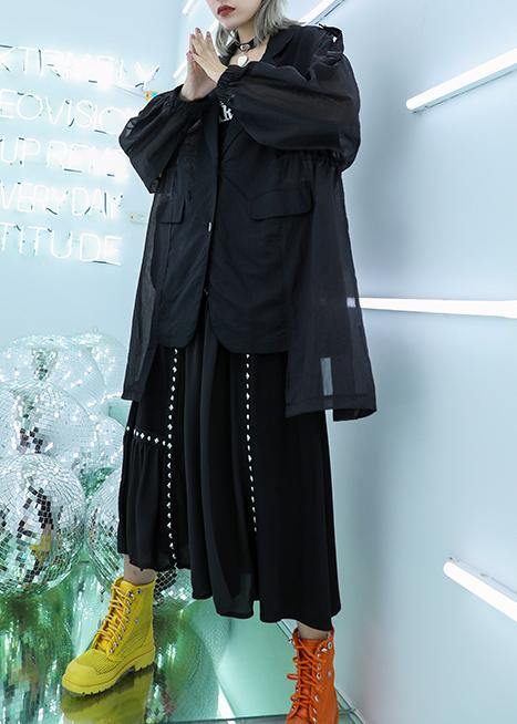 Classy Black Cotton Tunic Top Tulle Patchwork Daily Fall Blouse