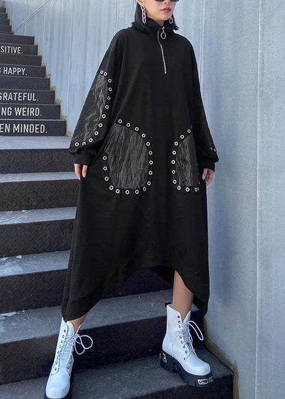 Classy Black Dresses Stand Collar Patchwork Traveling Fall Dress