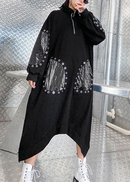 Classy Black Dresses Stand Collar Patchwork Traveling Fall Dress