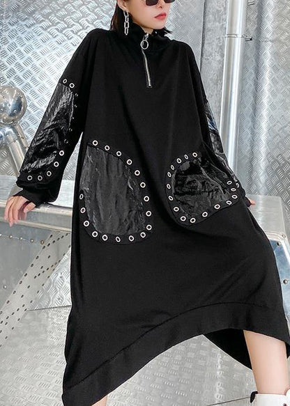 Classy Black Dresses Stand Collar Patchwork Traveling Fall Dress