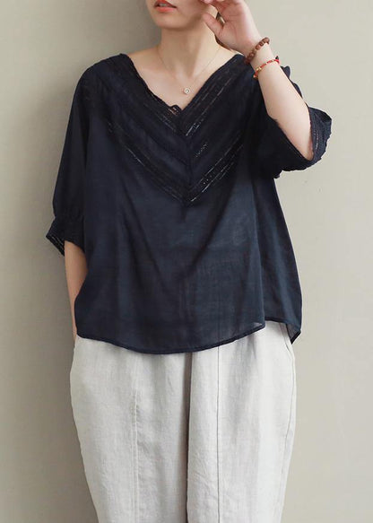 Classy Black Hollow Out Linen Clothes V Neck Half Sleeve Midi Blouses