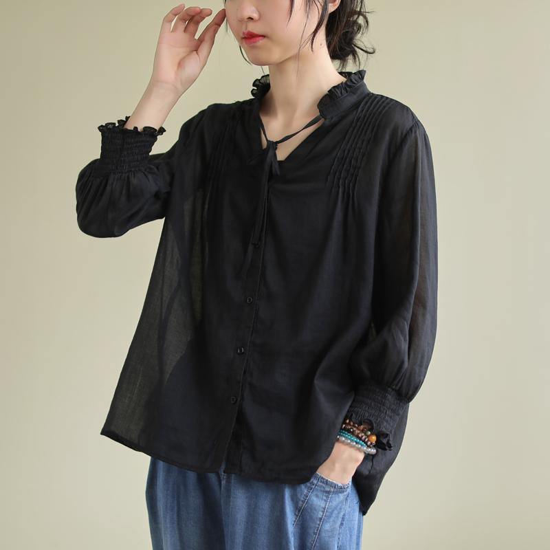 Classy Black Linen Blouse Stand Collar Utton Down Daily Blouses