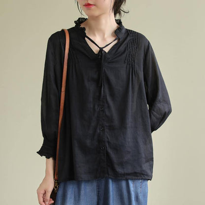 Classy black linen Blouse stand collar utton Down daily blouses