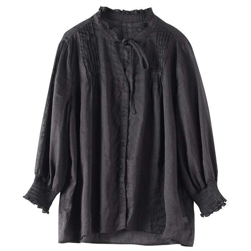 Classy Black Linen Blouse Stand Collar Utton Down Daily Blouses