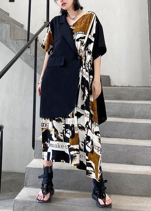Classy Black Patchwork Cotton Quilting Dresses Asymmetric Short Dresses