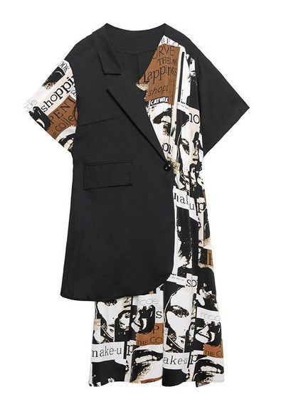 Classy Black Patchwork Cotton Quilting Dresses Asymmetric Short Dresses