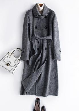 Classy Black Plaid Fine Long Woolen Coatsphotography Notched Tie Waist Fall Woolen Coats