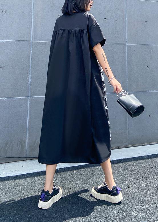 Classy Black Print Clothes for O Neck Asymmetric Robe Summer Dress