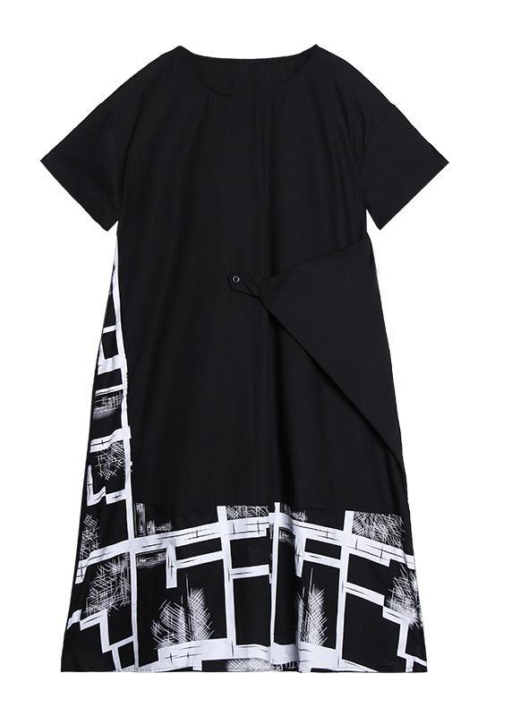 Classy Black Print Clothes for O Neck Asymmetric Robe Summer Dress