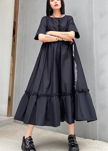 Classy Black Butterfly Dots Cotton Clothes O Neck Cinched Cotton Robes Summer Dresses