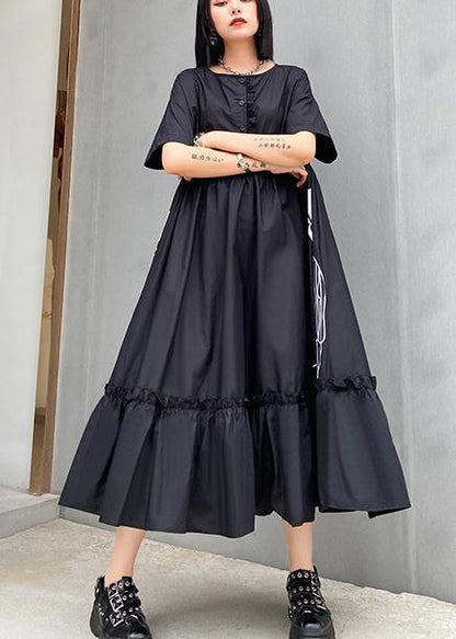 Classy Black Butterfly Dots Cotton Clothes O Neck Cinched Cotton Robes Summer Dresses
