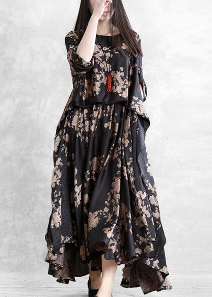 Classy Black Print Dress O Neck False Two Pieces Maxi Dress