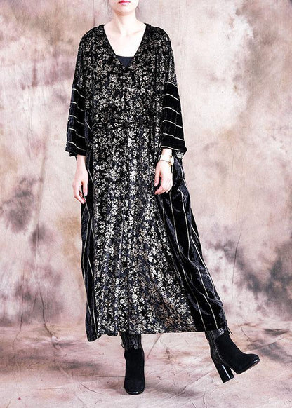 Classy Black Print Quilting Clothes O Neck Patchwork Robe Fall Dress