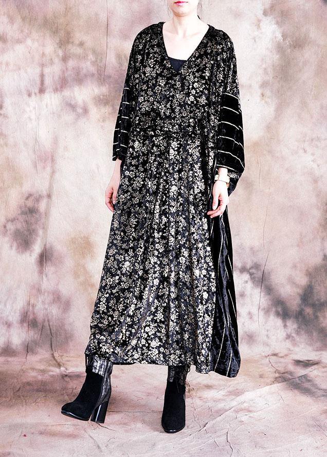 Classy Black Print Quilting Clothes O Neck Patchwork Robe Fall Dress