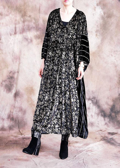 Classy Black Print Quilting Clothes O Neck Patchwork Robe Fall Dress