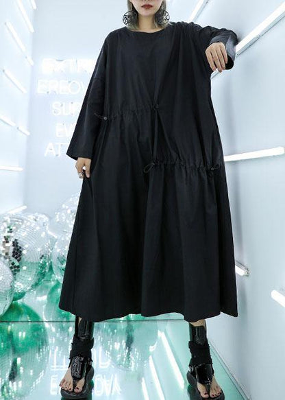 Classy Black Prints Cotton Blouses for Drawstring Dresses Fall Top