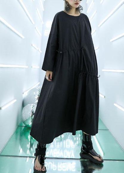 Classy Black Prints Cotton Blouses for Drawstring Dresses Fall Top