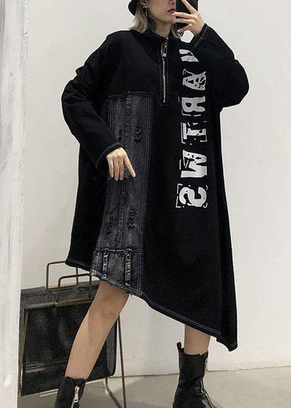 Classy Black Stand Collar Zippered Cotton Dress Asymmetric Maxi Fall Dresses