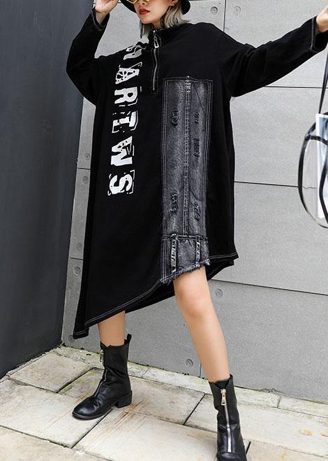 Classy Black Stand Collar Zippered Cotton Dress Asymmetric Maxi Fall Dresses