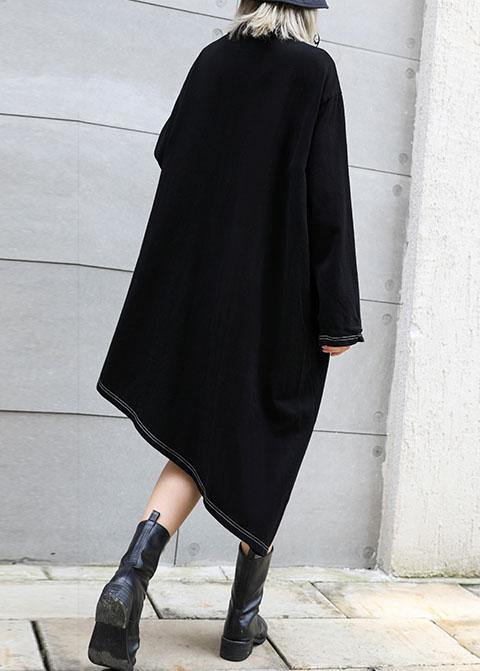 Classy Black Stand Collar Zippered Cotton Dress Asymmetric Maxi Fall Dresses