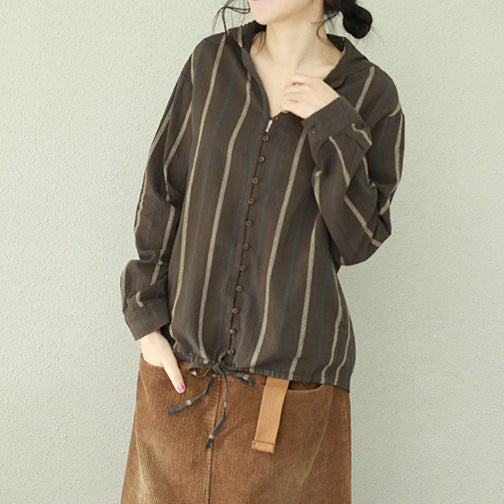 Classy Blackish Green Striped Cotton Tops Boutique Work Outfits Hooded Tunic Shirts